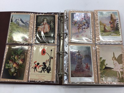 Lot 1407 - Postcards in album including Children's cards Fairies, Mickey Mouse, Bonzo (x 7), Snow White set, Comic