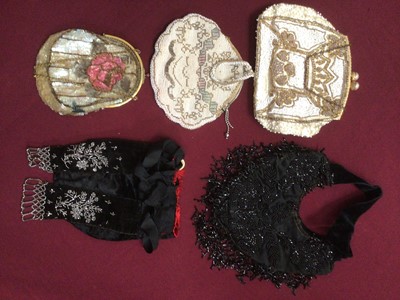 Lot 2203 - Selection of evening bags including Czechoslovakia beaded bag,black velvet beaded bags and fans , aprons and military spats.