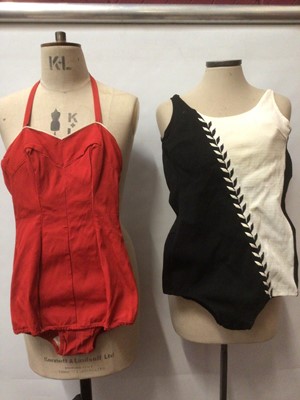 Lot 2202 - Four 1950's/60's womens swimming costumes, black lace By Janet Dickinson, Red with white trim boned bodice by Splendid, USA,  black and white by Keytone and one other plus three girls costume two w...