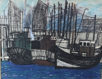 Lot 172 - Manner of Bernard Buffet, mid 20th century, mixed media, fishing boats, apparently unsigned