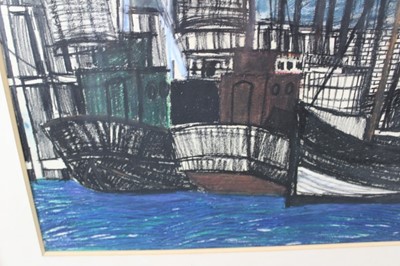 Lot 172 - Manner of Bernard Buffet, mid 20th century, mixed media, fishing boats, apparently unsigned