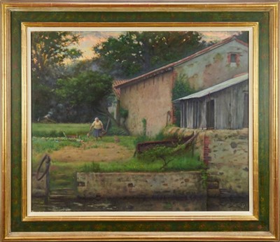 Lot 1210 - *Alex W. Russell Flint (b.1974) oil on canvas laid on board - Madame Coutelot and cat in a farmyard at dusk, initialled, 69cm x 83cm, framed