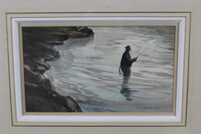 Lot 1037 - Roy Beddington, English school, watercolour of a salmon fisher, indistinctly signed