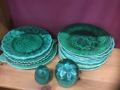 Lot 234 - Group of Wedgwood style cabbage leaf plates and two Victorian glass dumps