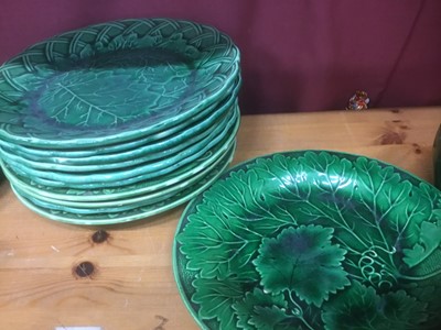 Lot 234 - Group of Wedgwood style cabbage leaf plates and two Victorian glass dumps