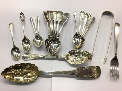 Lot 740 - Silver cutlery including two berry spoons, two sets of six teaspoons and other flatware including pair sugar tongs