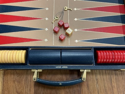 Lot 29 - Good quality Asprey blue leather travelling backgammon set