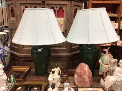 Lot 47 - Pair of good quality table lamps with decorated green ostrich skin-type design, with light green shades