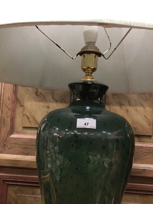 Lot 47 - Pair of good quality table lamps with decorated green ostrich skin-type design, with light green shades