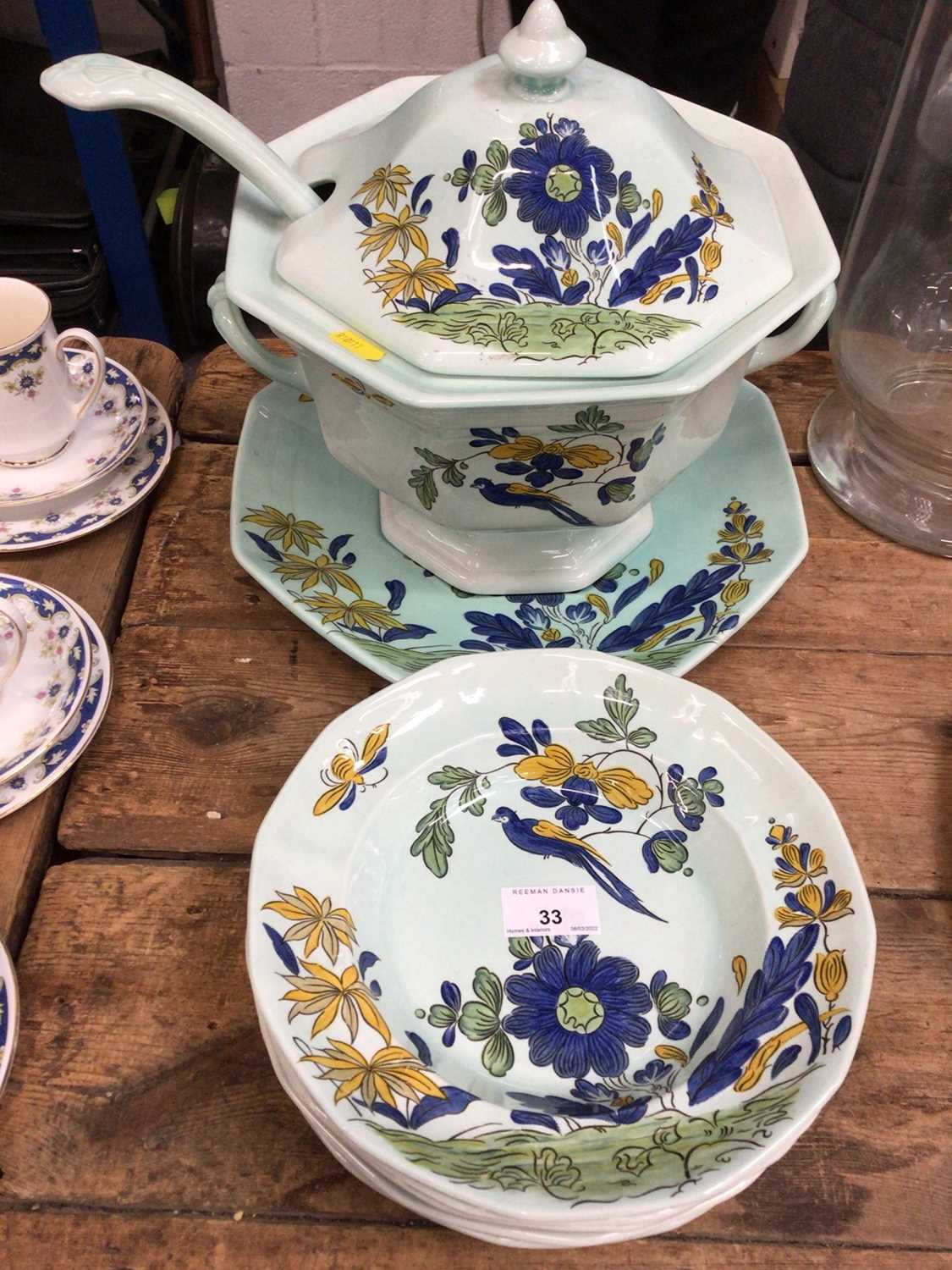 Lot 33 - Adams calyx ware 'Blue Parrot' pattern lidded soup tureen on stand with ladle and six matching soup bowls