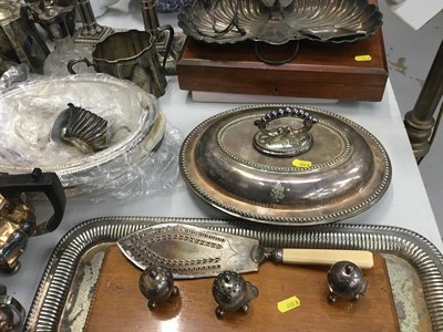 Lot 266 - Pair Victorian plated candlesticks, entree dishes, plated four piece tea set , claret jug and sundry plate