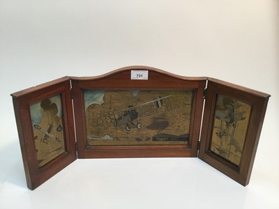 Lot 731 - First World War period engraved brass triptych panels in folding mahogany frame of Royal Flying Corps aircraft, central panel marked C.J.B., 50.5cm (unfolded).