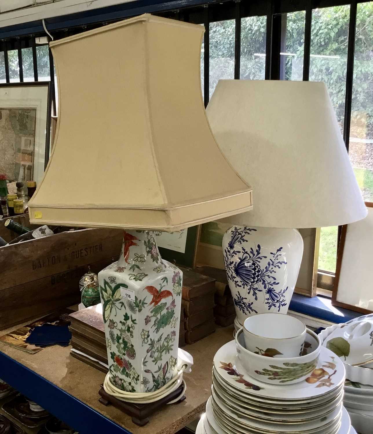 Lot 116 - Chinese-style porcelain table lamp with shade and another blue and white pottery table lamp