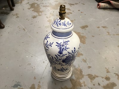 Lot 116 - Chinese-style porcelain table lamp with shade and another blue and white pottery table lamp