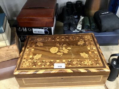 Lot 119 - Antique specimen wood inlaid box, five pairs of binoculars, copper warming pan and sundry items