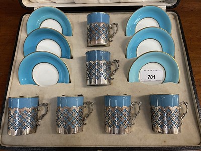 Lot 701 - Early 20th century Aynsley coffee set on turquoise ground with pierced silver cup holders (Sheffield 1917), in original fitted case (4.8ozs of silver)