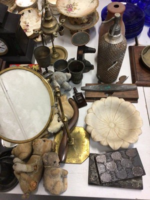 Lot 269 - Sundry items, including a 19th century spinning wheel (a/f), inlaid slate clock, large toleware tray, mahogany box, etc