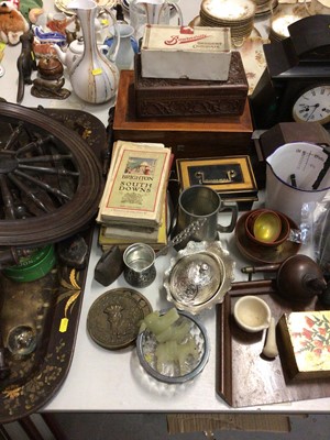 Lot 269 - Sundry items, including a 19th century spinning wheel (a/f), inlaid slate clock, large toleware tray, mahogany box, etc