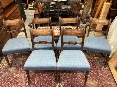 Lot 850 - Set of six Regency mahogany dining chairs with reeded bar backs, upholstered seats and ring turned legs