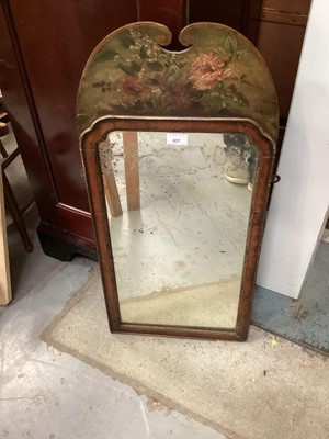 Lot 857 - Late 19th century mahogany framed wall mirror with arched painted top depicting a floral motif