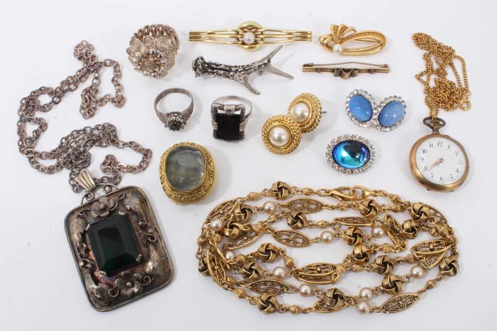 Lot 91 - Antique Chinese gilt metal buckle set with a pale blue stone, possibly aquamarine, Continental silver (900) pendant set with green stone on chain, two silver rings and costume jewellery