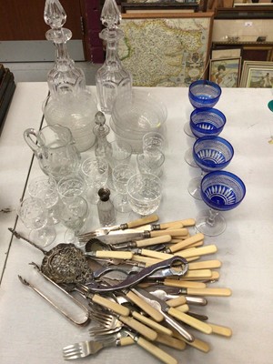 Lot 357 - Four good quality bohemian blue glass wines, pair of cut glass decanters, other glass and plated cutlery