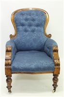 Lot 1477 - Victorian spoon back armchair with blue...