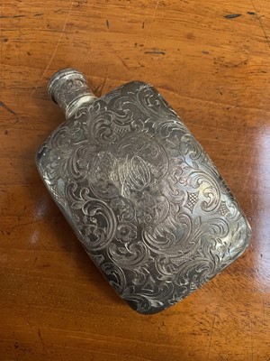 Lot 708 - Early Victorian silver hip flask with all over engraved foliate decoration and monogram, (London 1839), 3.4ozs