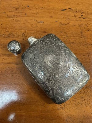 Lot 708 - Early Victorian silver hip flask with all over engraved foliate decoration and monogram, (London 1839), 3.4ozs