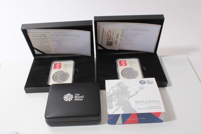 Lot 487 - G.B. - Mixed Britannia silver 1oz coins to include bullion 2017 x 2 (N.B. Date stamp issued) and proof edition 2017 (N.B. All cased with certificates of Authenticity) (3 coins)