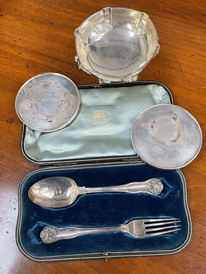 Lot 713 - Two contemporary silver coasters, silver pedestal bonbon dish and Victorian silver christening fork and spoon in associated case, 4.7ozs of weighable silver