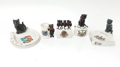 Lot 149 - Five various Crested China Black Cats including W.H Goss Swanage, Swan China Ramsey Hunts, Willow Art Buxton, Willow Art Bournemouth and Willow Art Ballater