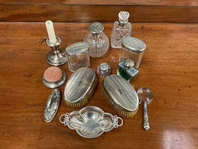 Lot 714 - Group of Edwardian and later silver dressing table pots, silver bonbon dish, pair of hair brushes and other items, 3.6ozs of weighable silver