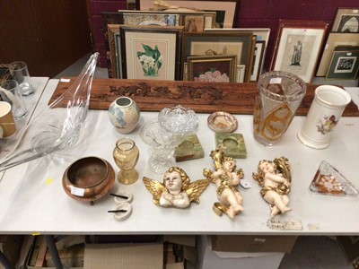 Lot 281 - Sundry items, to include a large relief carved panel with farming scenes, three plaster putti, amber cut glass vase and astray, large French glass centrepiece, etc