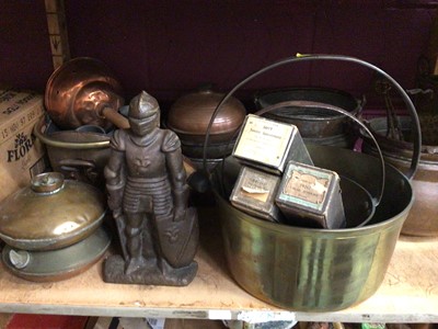 Lot 508 - Two heavy brass stew pans, copper hot water bottles, copper cauldrons and other metal ware