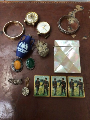 Lot 289 - Sundry items, including a silver bracelet, Wedgwood Jasper ware vase with silver rim, mother of pearl card case, brooches, etc