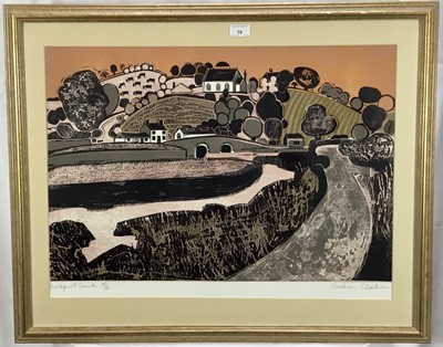 Lot 75 - Graham Clarke (b. 1941) linocut print ‘Bridge at Gweek’ framed