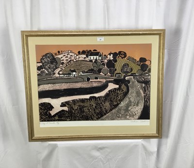 Lot 75 - Graham Clarke (b. 1941) linocut print ‘Bridge at Gweek’ framed