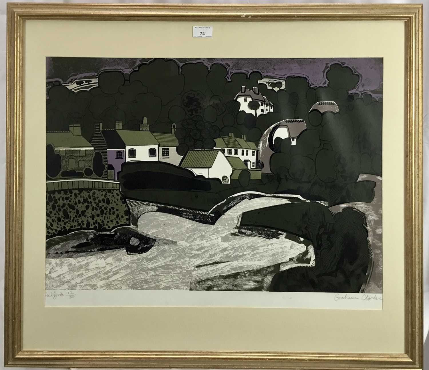 Lot 74 - Graham Clarke (b. 1941) linocut print Helford framed