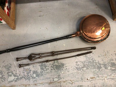 Lot 514 - Copper hot warming pan, wrought iron fireside utensils and wooden framed wall mirror