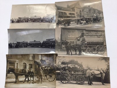 Lot 1443 - Colchester Postcards including Real Photographic Social History Charles Brown Hardware Horse and Cart with Tradesmen (two different cards).  Charles Brown & Sons Horse and Cart drawn oil tank,..