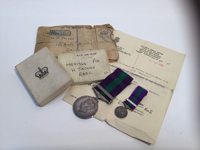 Lot 720 - George VI General Service medal with one clasp- Malaya, named to 14081964 PTE. H. Jacobs. RAOC. together with miniature medal and box of issue.