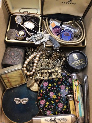 Lot 694 - Group of costume jewellery, compacts, penknives, Coronation tin and sundries