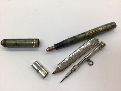 Lot 695 - Silver signet ring, Chinese ring, silver bangle, two silver pencils and Conway Stewart small fountain pen