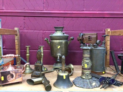 Lot 547 - Group of brass and other metalware to include Kettle stamped VR, large blow lamp and samouvar