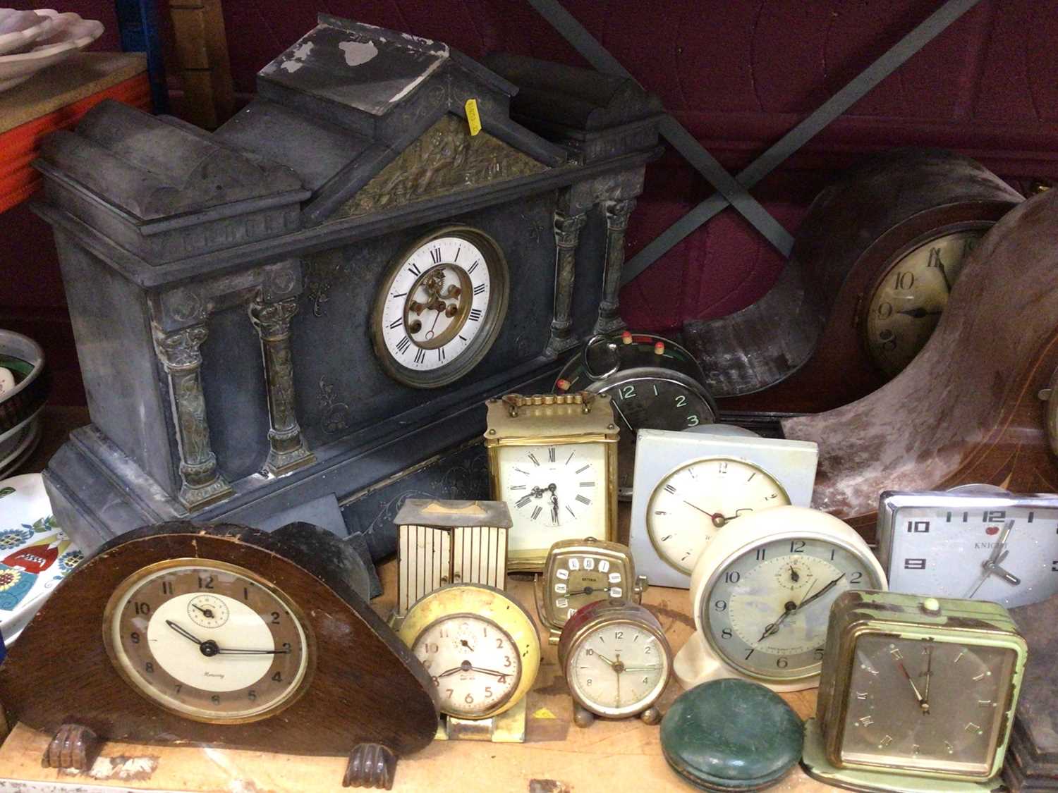 Lot 548 - Black slate mantel clock, together with 1930's mantel clocks and various other clocks