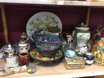 Lot 552 - Carnival glass punch bowl, inkwell, steins, glass animals and sundries