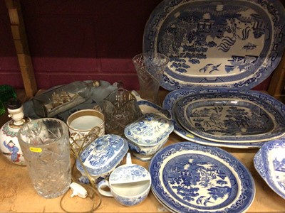 Lot 520 - Blue and white Willow pattern dinner ware, glass ware, ginger jar lamp and model ship in a bottle