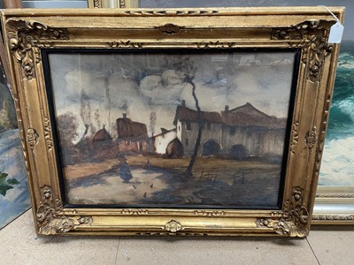 Lot 141 - Early 20th century Continental School - figure in a farmyard, indistinctly signed, 46.5cm x 66cm, loosely in glazed gilt