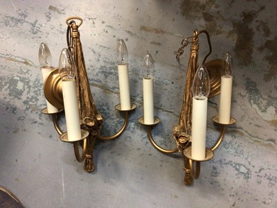 Lot 614 - Two chain pendant three branch electroliers and four similar twin sconce wall lights